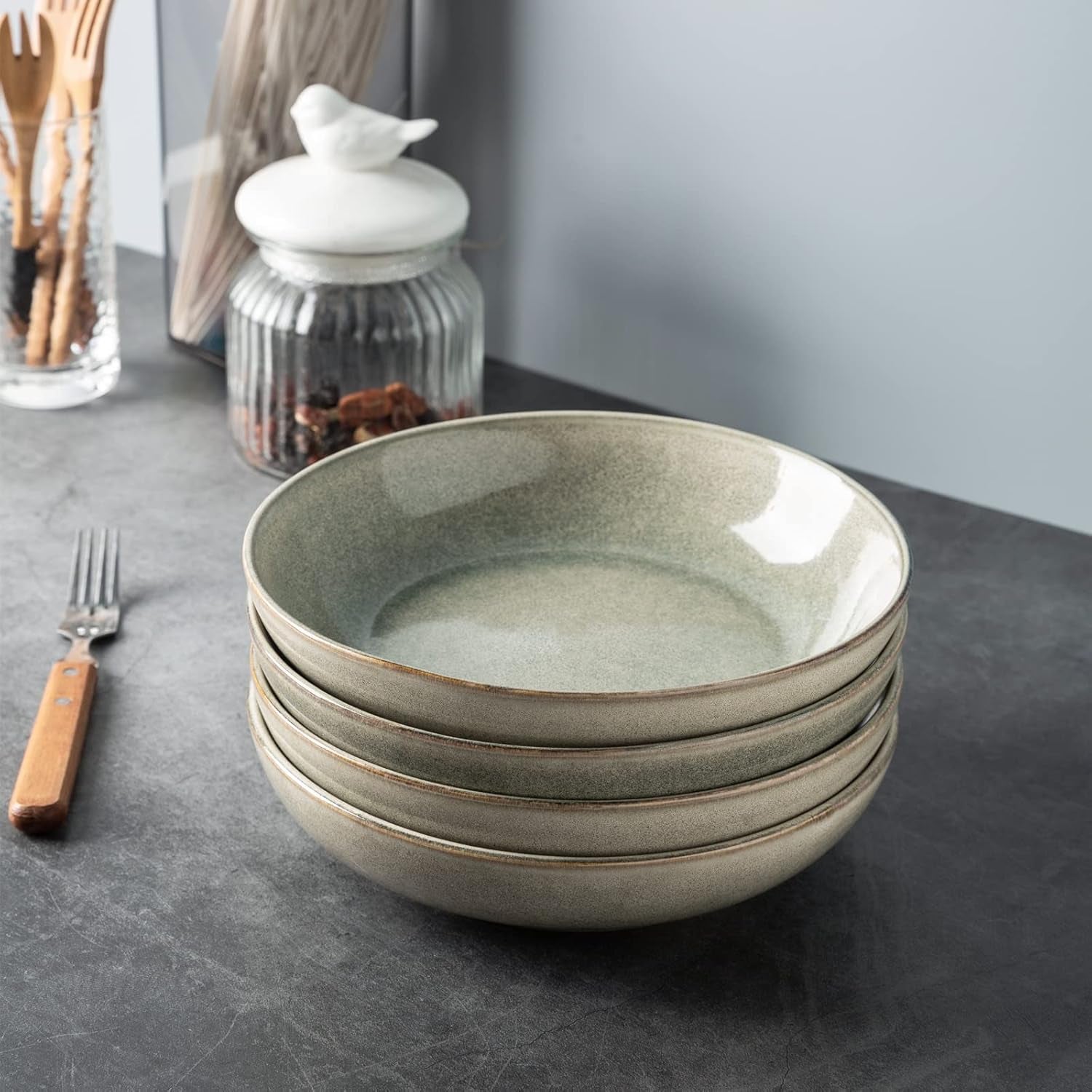 8.5'' Large Pasta Bowls, 36Oz Stoneware Wide Serving Bowls Set of 4 for Kitchen for Salad,Fruit,Oatmeal, Microwave Safe, Reactive Glaze