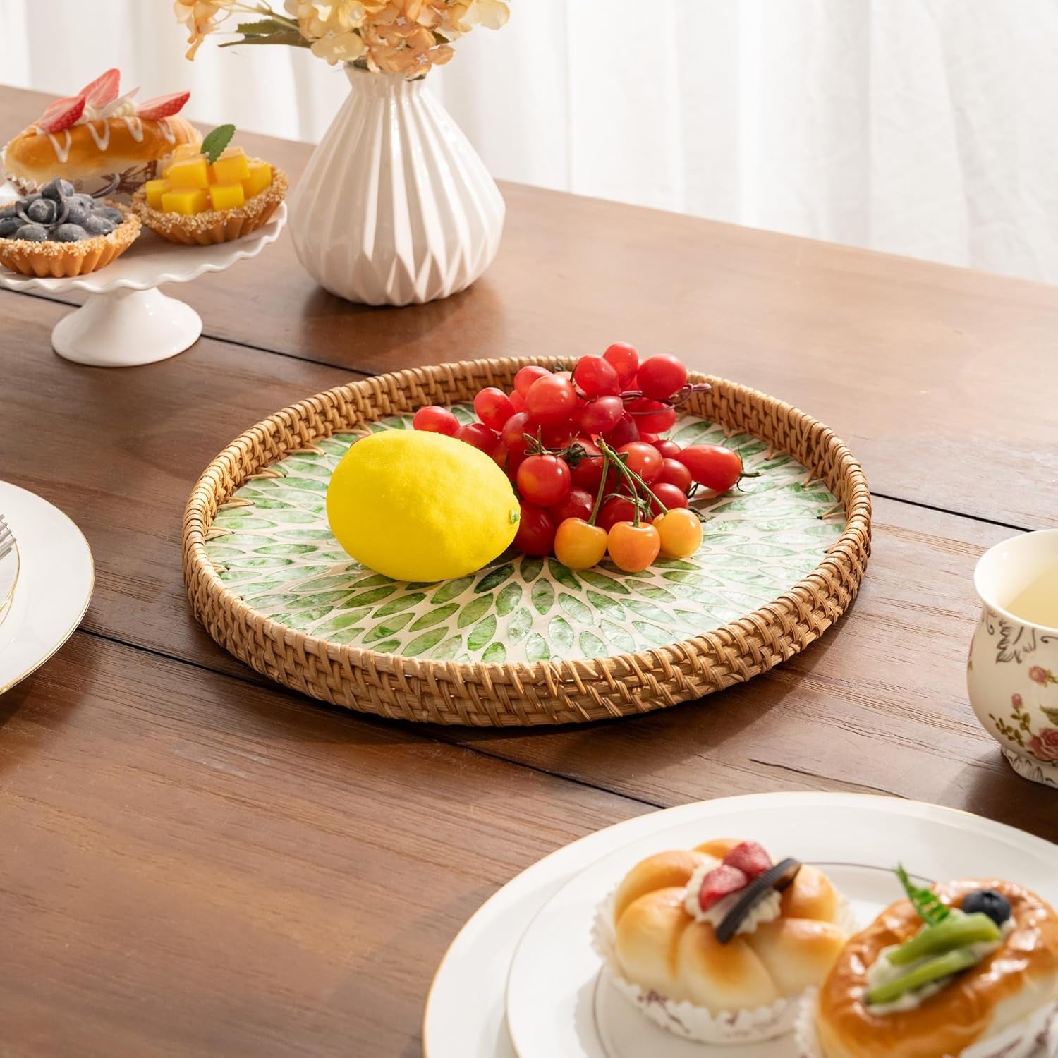 Decorative Coffee Table Trays for Home Decor, round Rattan Tray with Mother of Pearl Inlay, Small Wicker Woven Serving Tray Decor for Kitchen Counter, Living Room and Ottoman, Green