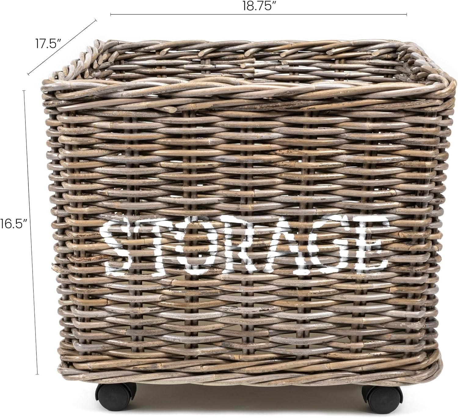 BSK1001A Yael Coastal Hand-Woven STORAGE Rattan Basket with Wheels and Handles for Storage and Decoration in Bedroom, Living Room, Laundry Room, Entryway, Kubu Gray