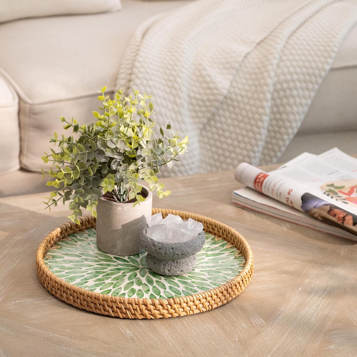 Decorative Coffee Table Trays for Home Decor, round Rattan Tray with Mother of Pearl Inlay, Small Wicker Woven Serving Tray Decor for Kitchen Counter, Living Room and Ottoman, Green