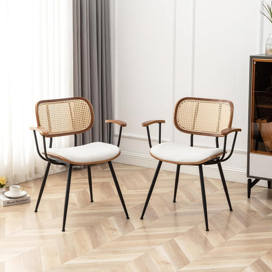 Rattan Dining Chairs Set of 2, Mid Century Modern Kitchen Side Chair, Metal Legs Desk Chair, Linen Fabric Accent Chair with Arms and Rattan Backrest, Beige