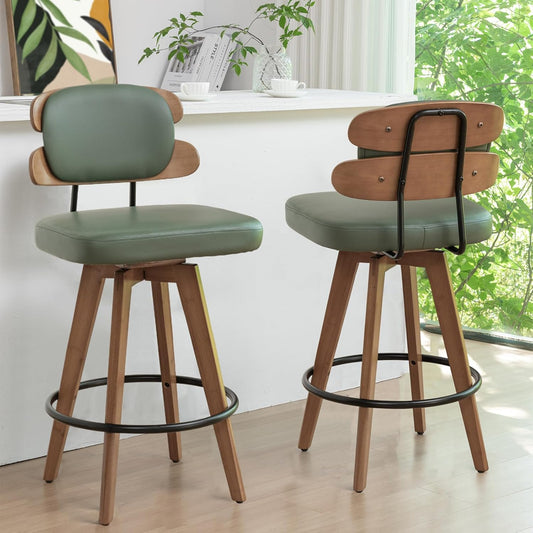 Set of 2 Counter Height Bar Stools - 26.4 Inch Swivel Stools with Walnut Craft, Faux Leather Upholstered Seat, Backs for Island/Kitchen (Walnut Green)