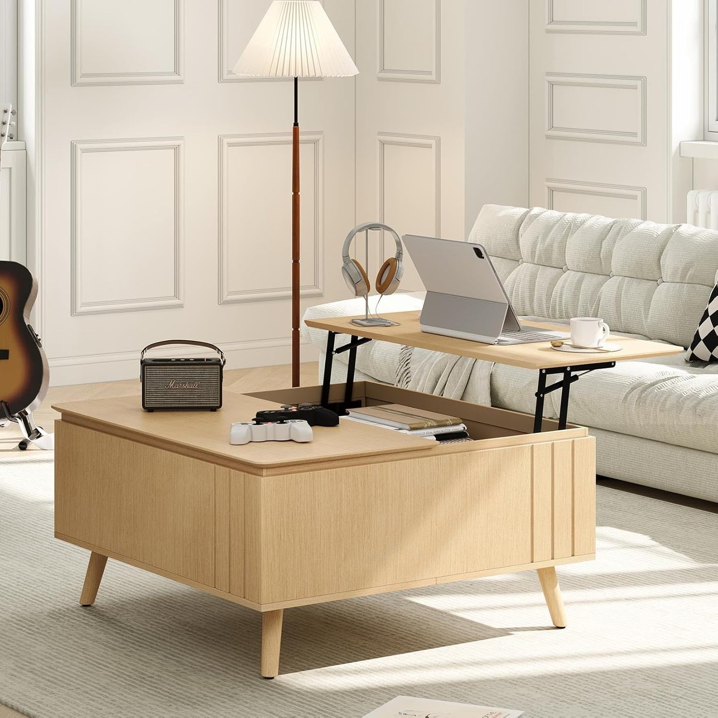 Round Coffee Table with Storage,Mid Century Modern Coffee Table with Sliding Cabinet Door for Living Room,Home Small Space,31.5" Fluted Center Table,Walnut