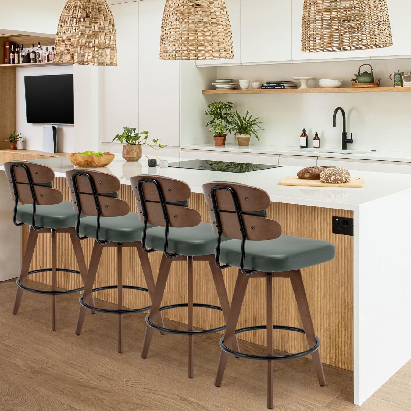 Set of 2 Counter Height Bar Stools - 26.4 Inch Swivel Stools with Walnut Craft, Faux Leather Upholstered Seat, Backs for Island/Kitchen (Walnut Green)