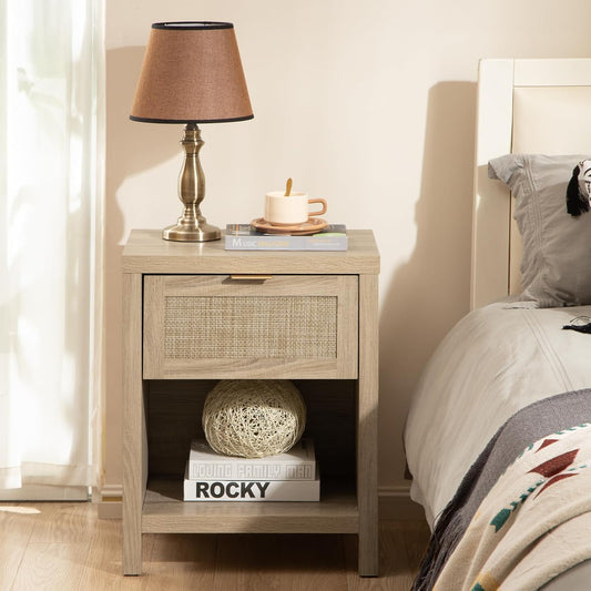 Rattan Night Stands, Farmhouse Nightstand Boho End Side Table Bedside Table with Drawer and Open Shelf for Bedroom, Light Oak