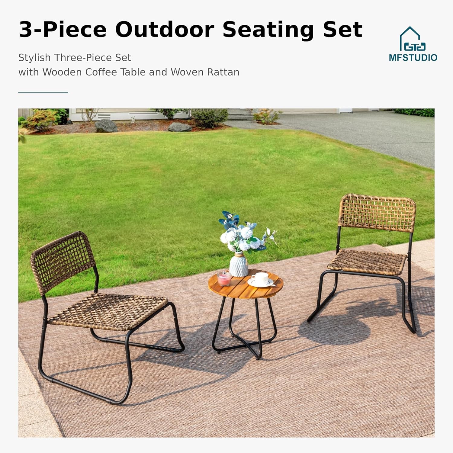 3 Pieces Bistro Wicker Patio Set for 2, Outdoor Wood Bistro Table and Chairs Set of 2, Small Outdoor Dining Seating Sets for 2, Yellow-Brown, Porch, Balcony
