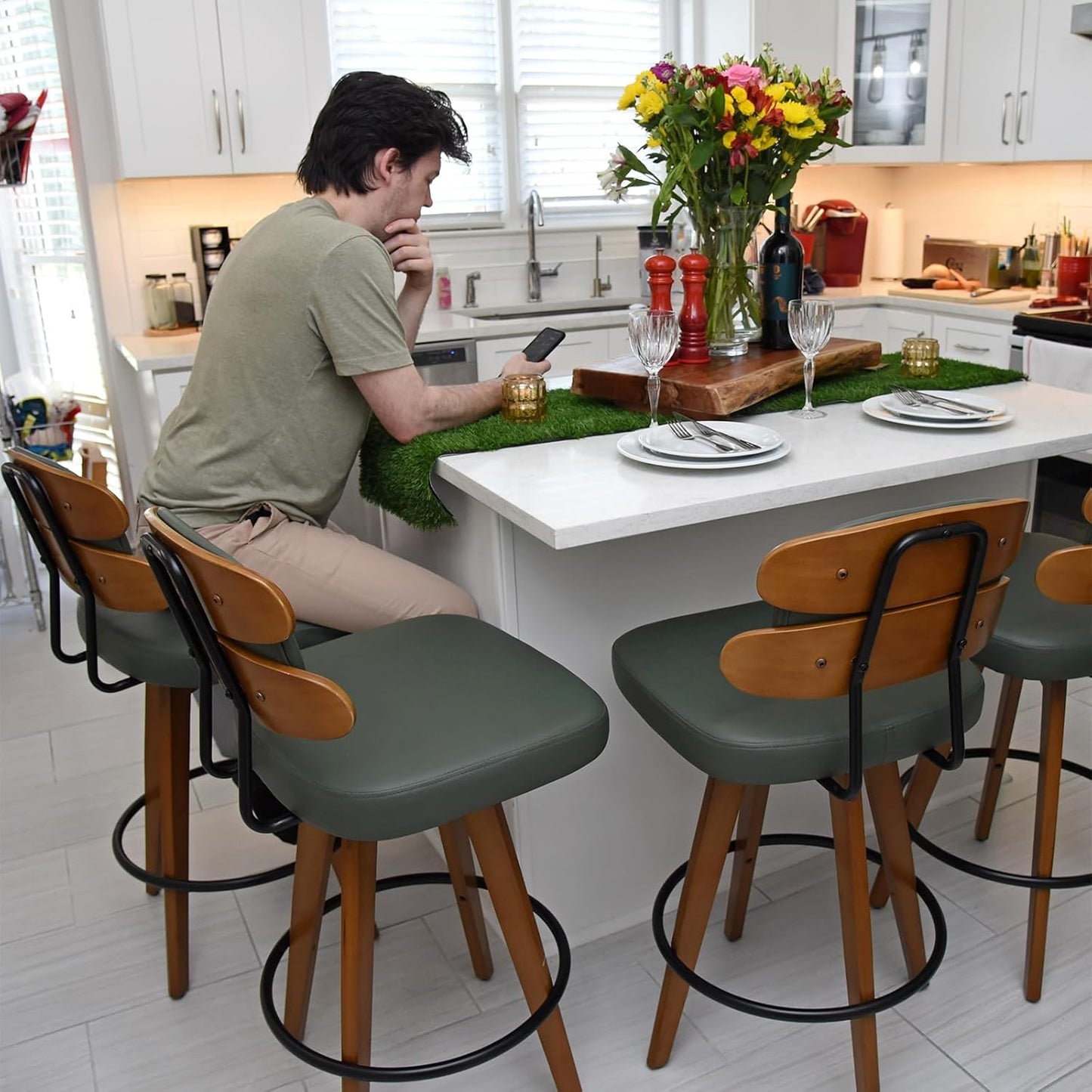Set of 2 Counter Height Bar Stools - 26.4 Inch Swivel Stools with Walnut Craft, Faux Leather Upholstered Seat, Backs for Island/Kitchen (Walnut Green)