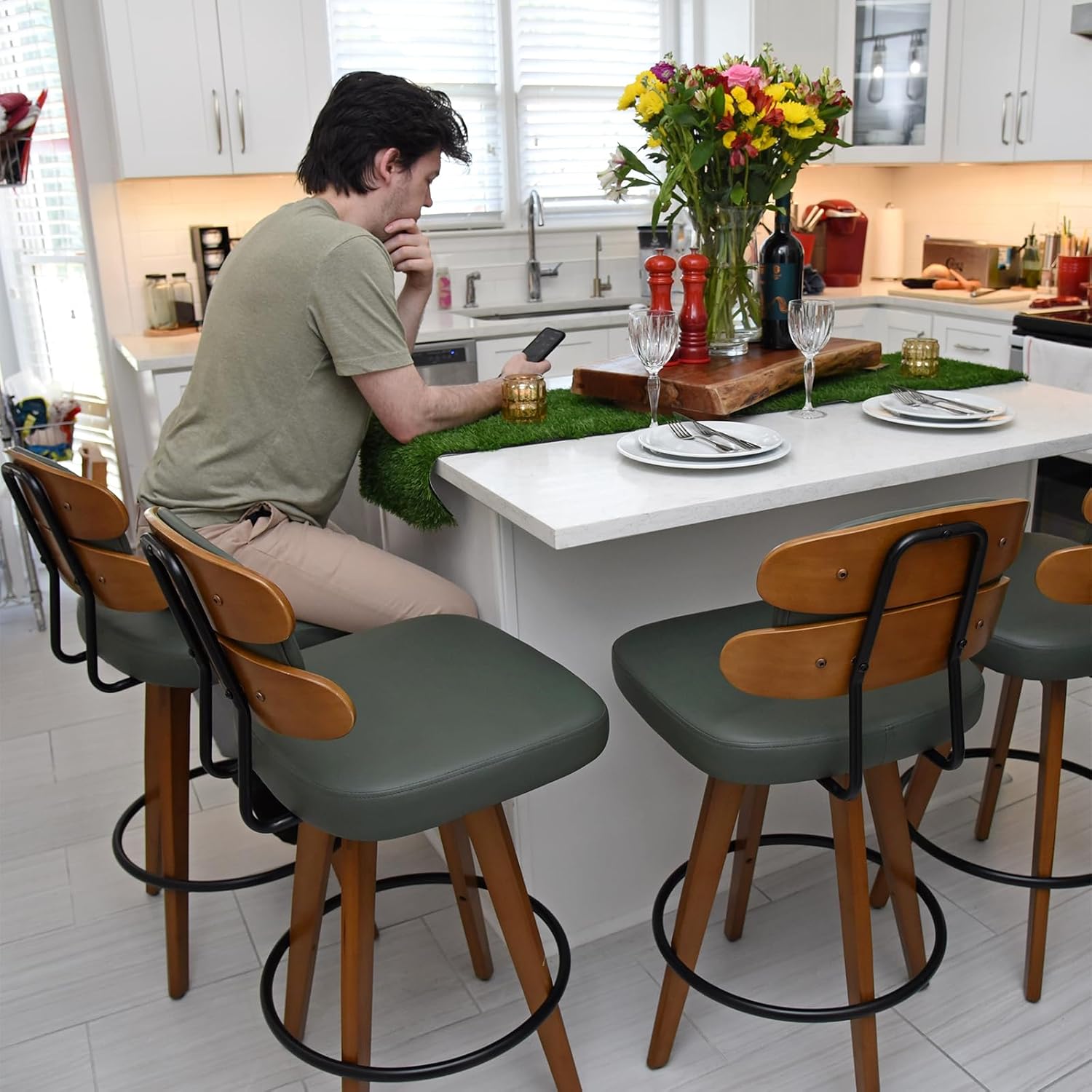 Set of 2 Counter Height Bar Stools - 26.4 Inch Swivel Stools with Walnut Craft, Faux Leather Upholstered Seat, Backs for Island/Kitchen (Walnut Green)