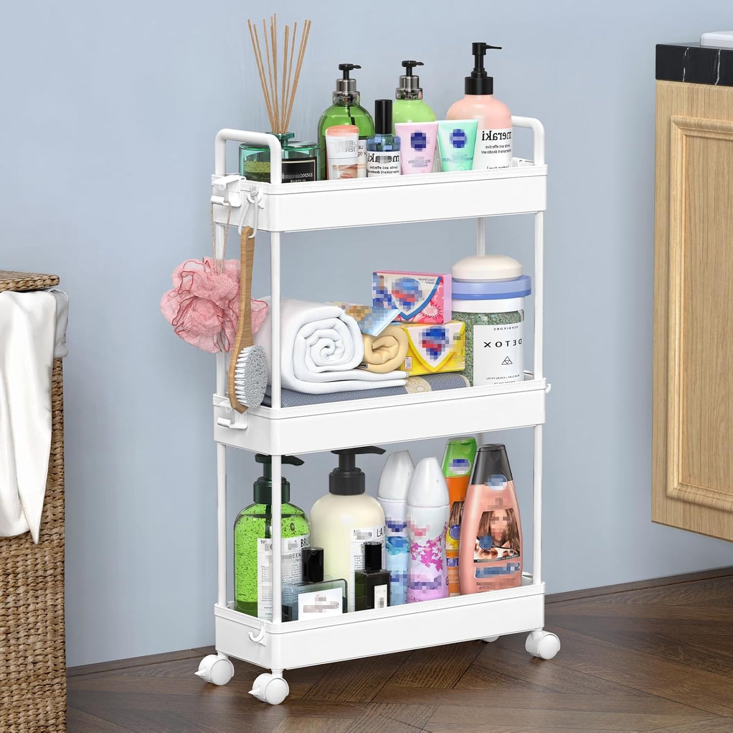 3 Tier Rolling Storage Cart with Wheels Slim Craft Nail Makeup Snack Art Baby Utility Cart Organizer on 2 Lockable Wheels for Bathroom Laundry Room Kitchen Bedside Narrow Spaces, White