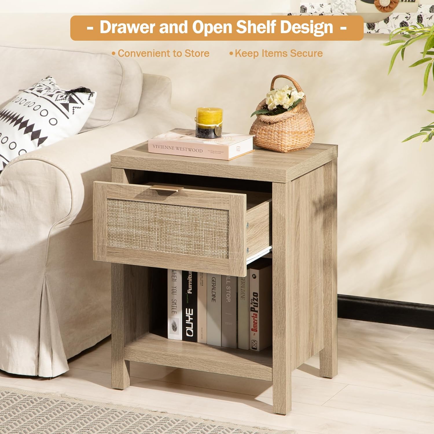 Rattan Night Stands, Farmhouse Nightstand Boho End Side Table Bedside Table with Drawer and Open Shelf for Bedroom, Light Oak