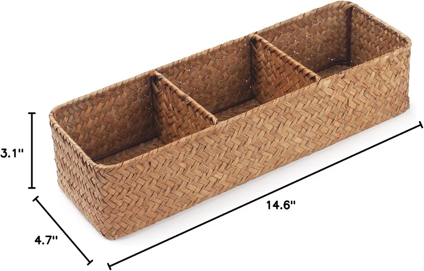 Seagrass Storage Basket 3 Sections Woven Shelf Baskets with Compartment (Natural, 14.6Inch X 4.7Inch X 3.1Inch)