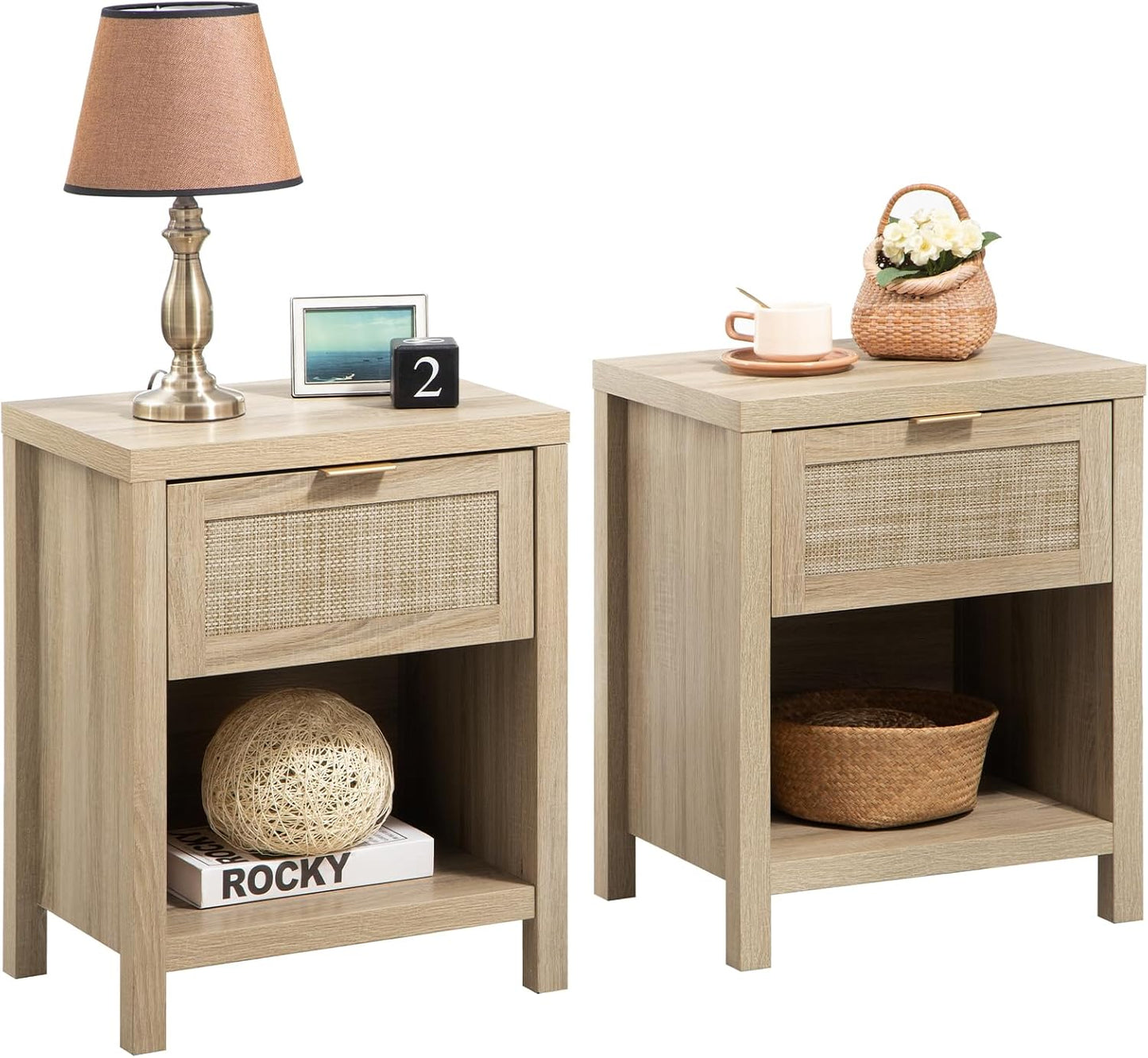 Rattan Night Stands, Farmhouse Nightstand Boho End Side Table Bedside Table with Drawer and Open Shelf for Bedroom, Light Oak