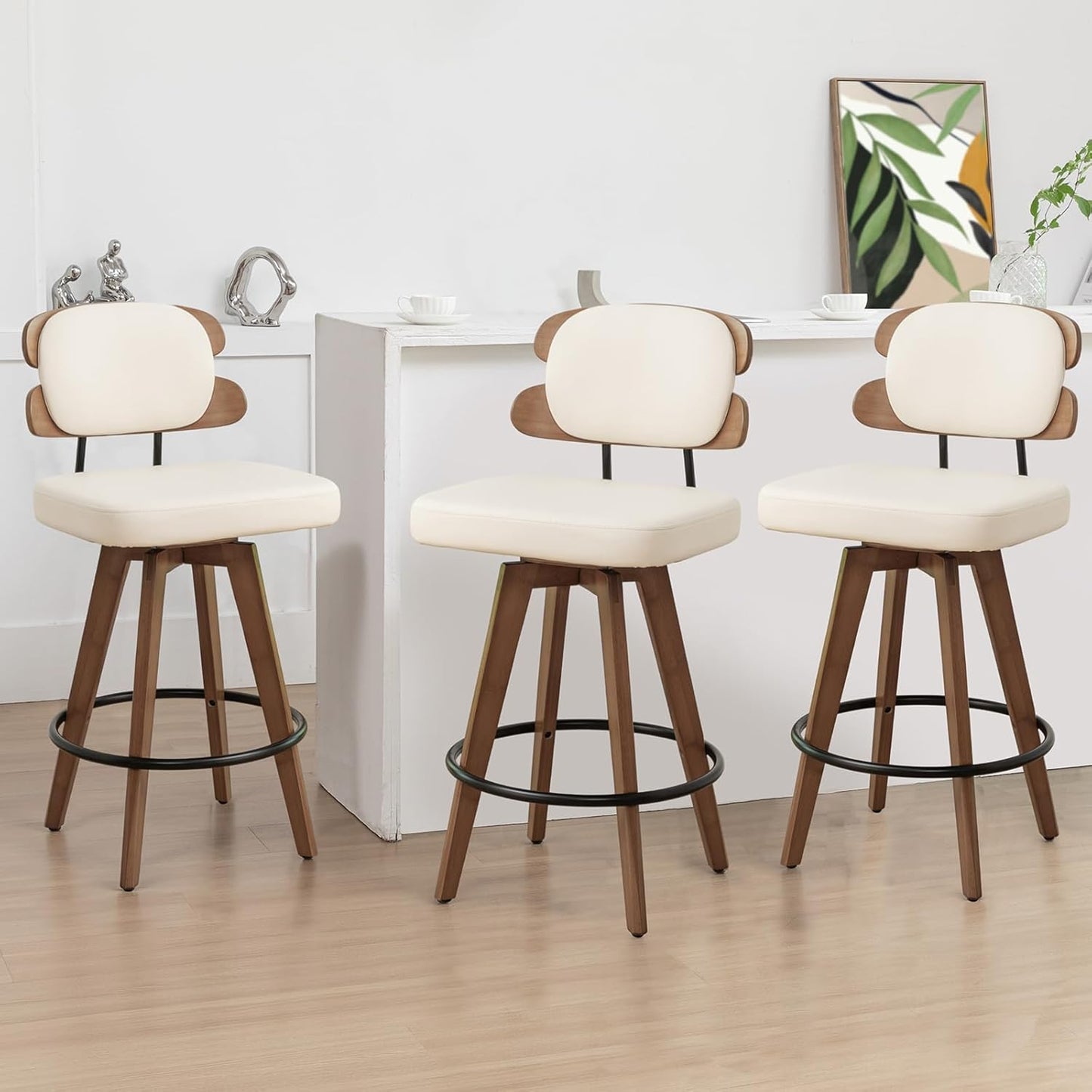 Set of 2 Counter Height Bar Stools - 26.4 Inch Swivel Stools with Walnut Craft, Faux Leather Upholstered Seat, Backs for Island/Kitchen (Walnut Green)