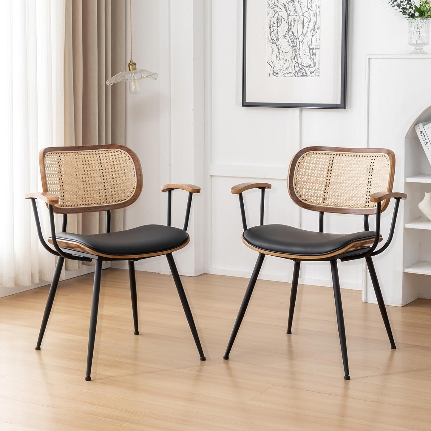 Rattan Dining Chairs Set of 2, Mid Century Modern Kitchen Side Chair, Metal Legs Desk Chair, Linen Fabric Accent Chair with Arms and Rattan Backrest, Beige