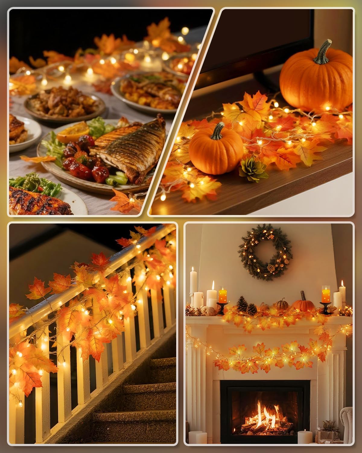 Fall Decor 2 Pack Lighted Fall Garland, Total 16.4Ft 40 LED Thanksgiving Decorations Halloween String Lights, Friendsgiving Gift Thanksgiving Decor for Home Holiday Autumn Garland Indoor