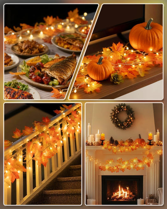 Fall Decor 2 Pack Lighted Fall Garland, Total 16.4Ft 40 LED Thanksgiving Decorations Halloween String Lights, Friendsgiving Gift Thanksgiving Decor for Home Holiday Autumn Garland Indoor