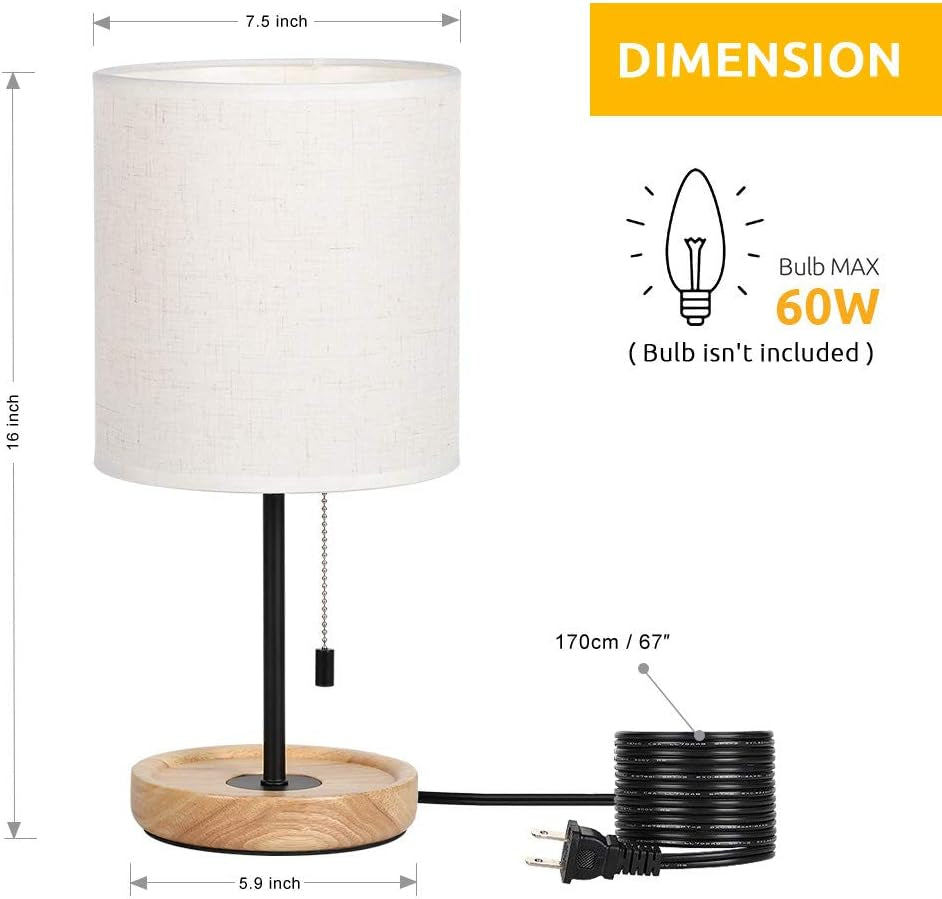 Bedside Table Lamp - Modern Nightstand Lamp with Linen Fabric Shade Wooden Desk Lamps for Bedrooms, Office, College Dorm, Dinning Room, Girls Room - 16 Inches (HT-AD005)