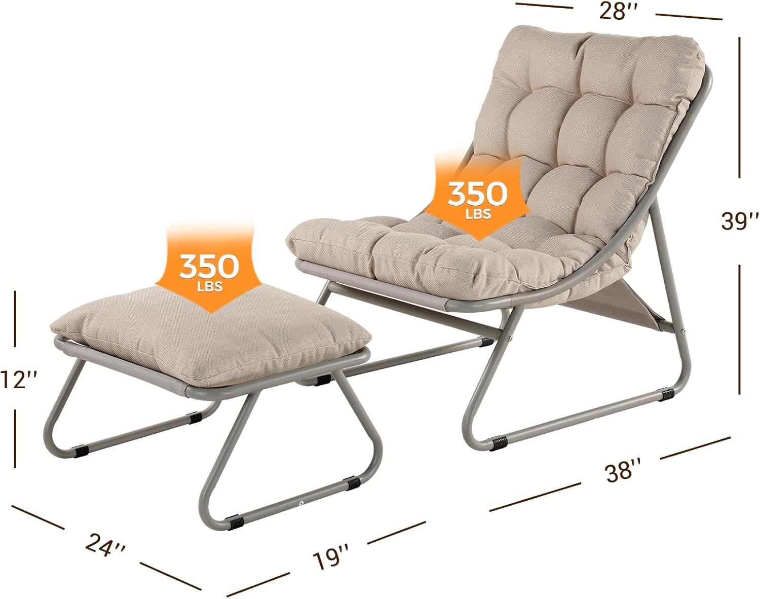 Outdoor Lounge Chair with Foot Stool, Comfy Sling Recliner Chair with Puffy Cushion and Foot Rest, Modern Patio Furniture Set for Porch Deck Garden, Champagne Gray
