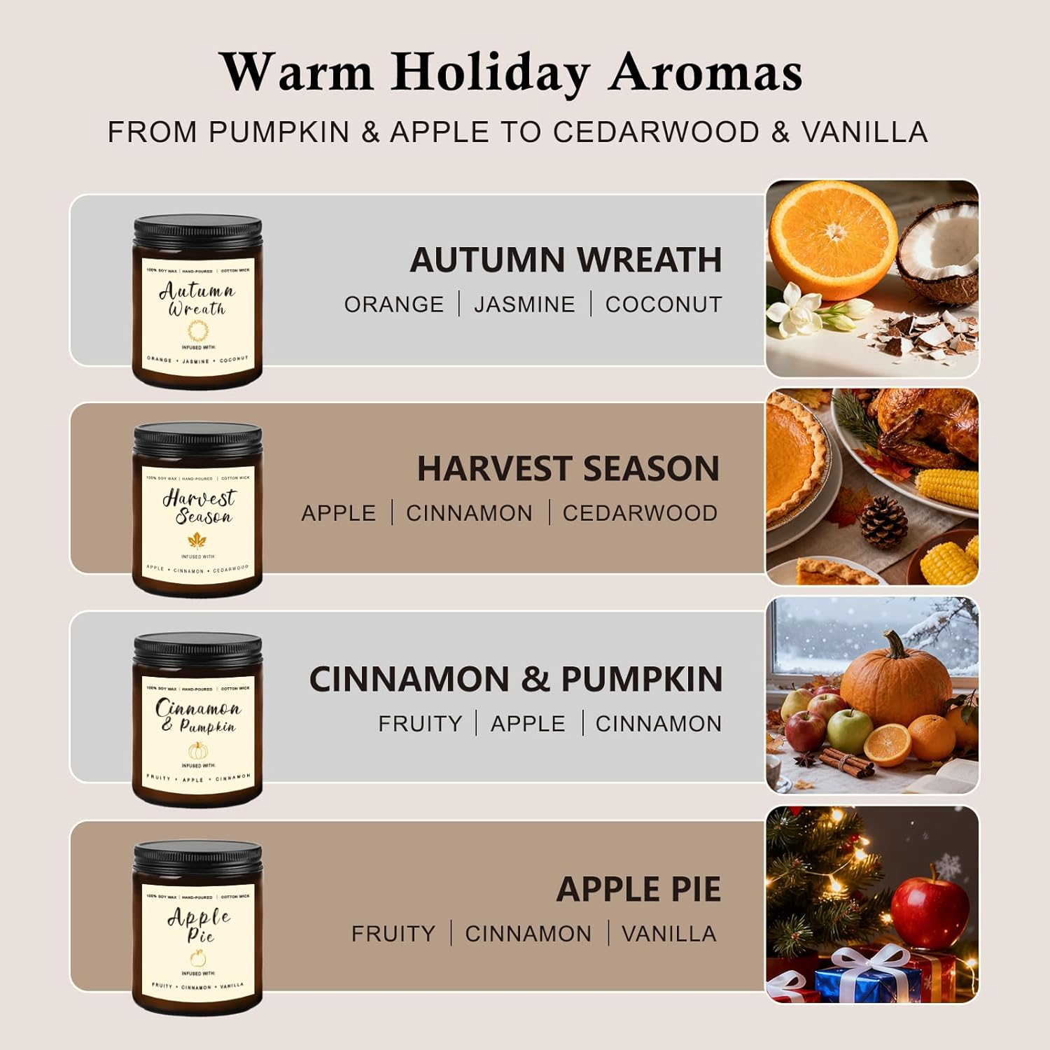 Holiday Candle Gift Set – Cinnamon Pumpkin, Apple Vanilla, Orange Jasmine Coconut, Cedarwood Spice – Long Lasting Soy Candles for Home, Thanksgiving & Christmas Gifts for Women