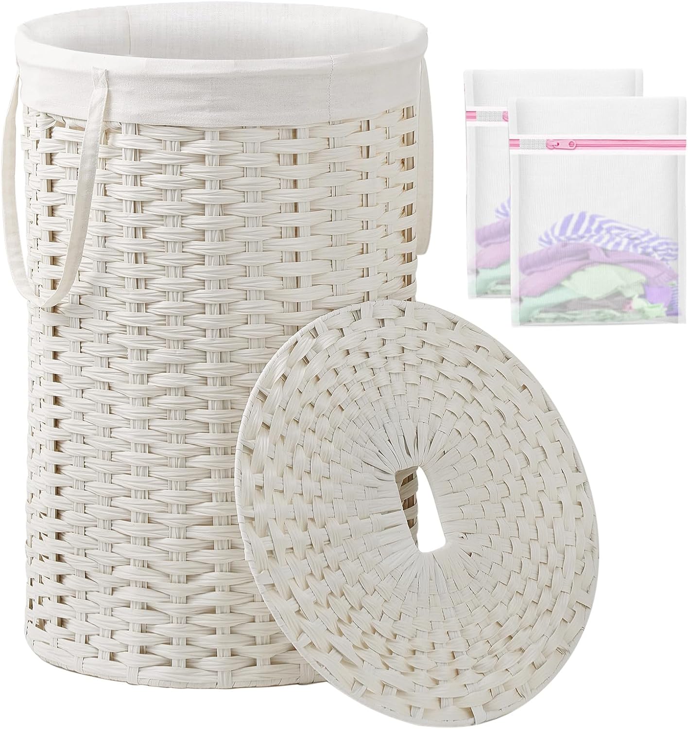 Laundry Hamper with Lid Laundry Basket with Lid 19.0 Gal (72 L) round Wicker Laundry Basket Handwoven Rattan Hamper Removable Bag 2 Mesh Bags Handles for Living Room Bathroom Natural