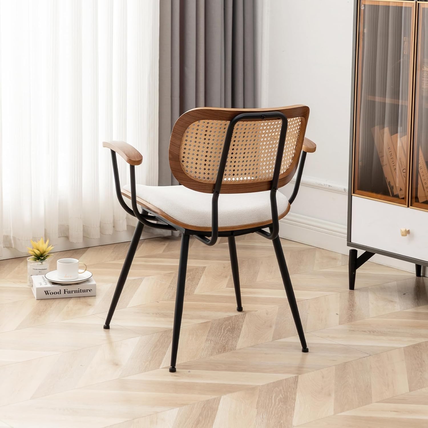Rattan Dining Chairs Set of 2, Mid Century Modern Kitchen Side Chair, Metal Legs Desk Chair, Linen Fabric Accent Chair with Arms and Rattan Backrest, Beige