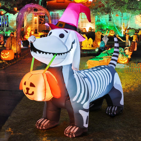 5.5 FT Halloween Inflatables Outdoor Decorations Skeleton Puppy Inflatable Yard Decoration with Build-In Leds Blow up Pumpkin for Halloween Party Indoor Outdoor Yard Garden