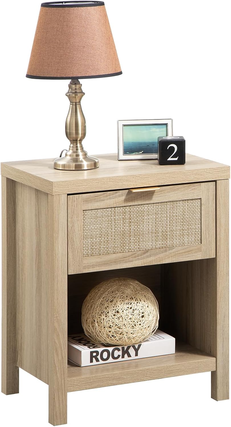 Rattan Night Stands, Farmhouse Nightstand Boho End Side Table Bedside Table with Drawer and Open Shelf for Bedroom, Light Oak