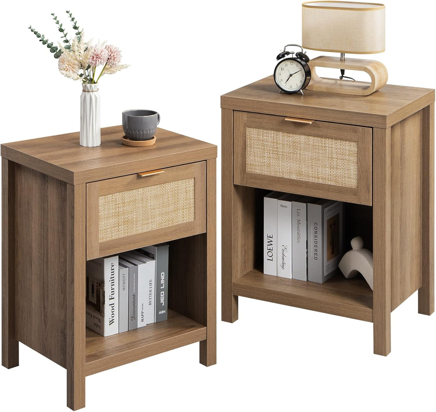 Rattan Night Stands, Farmhouse Nightstand Boho End Side Table Bedside Table with Drawer and Open Shelf for Bedroom, Light Oak