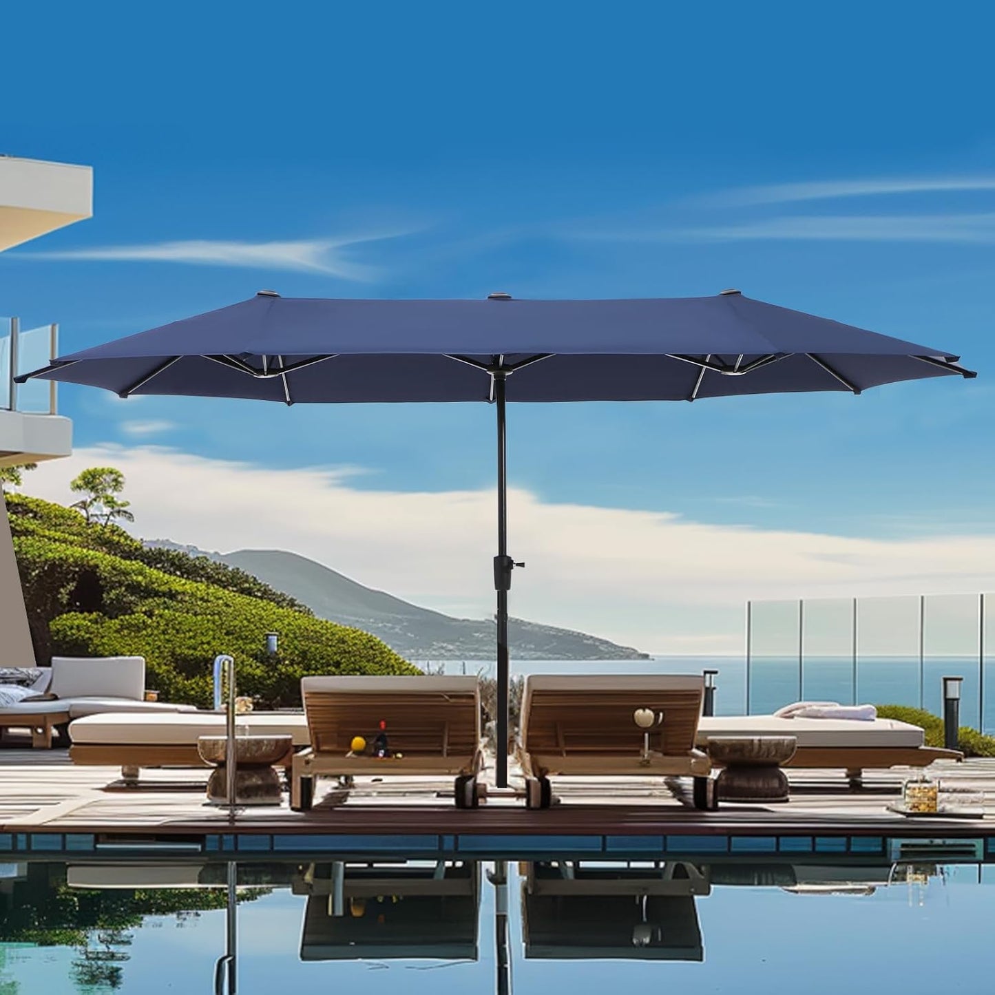 13Ft Rectangle Patio Umbrella, Double Sided Outdoor Table Umbrella with Crank & 1.5" Pole, Large Market Umbrella for Poolside Garden Deck Backyard, Navy Blue