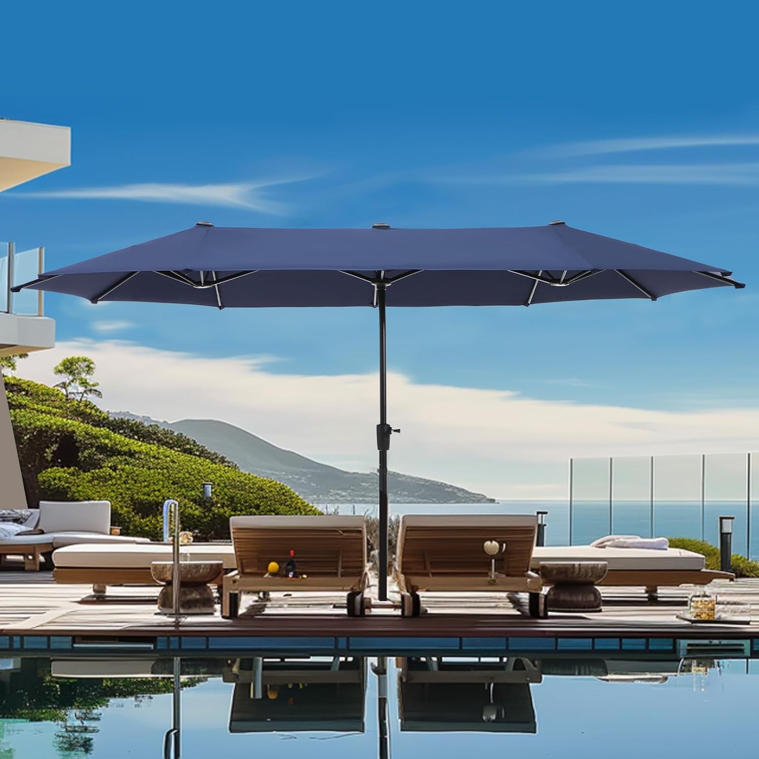 13Ft Rectangle Patio Umbrella, Double Sided Outdoor Table Umbrella with Crank & 1.5" Pole, Large Market Umbrella for Poolside Garden Deck Backyard, Navy Blue