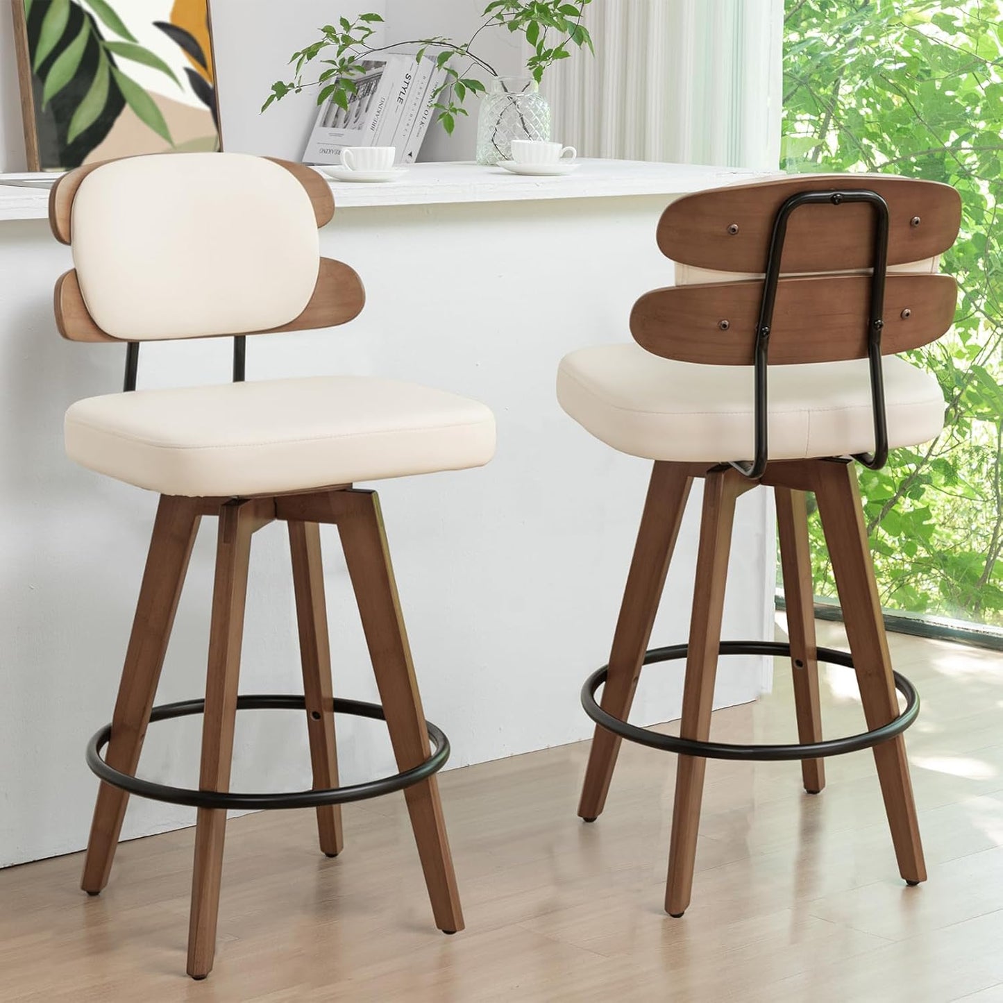 Set of 2 Counter Height Bar Stools - 26.4 Inch Swivel Stools with Walnut Craft, Faux Leather Upholstered Seat, Backs for Island/Kitchen (Walnut Green)