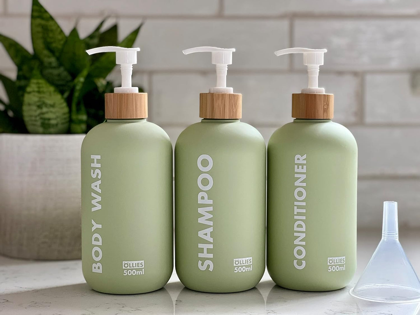 Shampoo and Conditioner Dispenser, Shower Soap Dispenser for Bathroom-Set of 3 with Permanent Stylish Label-17Oz, 500Ml Refillable Shampoo and Conditioner Bottles Green