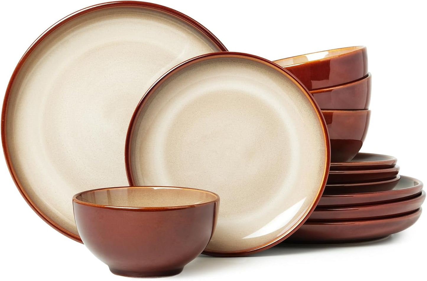 Stoneware Dinnerware Sets Service for 4, 12 Pcs Reactive Glaze Plates and Bowls Sets, Handmade Ceramic Dish Set, Highly Chip and Crack Resistant Modern Plate Set, Brown Green