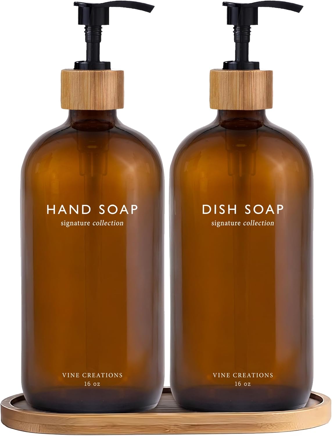 Amber Glass Soap Dispenser Set, Hand Soap and Dish Soap Dispenser Set with Bamboo Tray, 16 Oz Glass Dispensers Bottle for Kitchen and Bathroom Decor Modern Boho with Bamboo Pump (Amber)