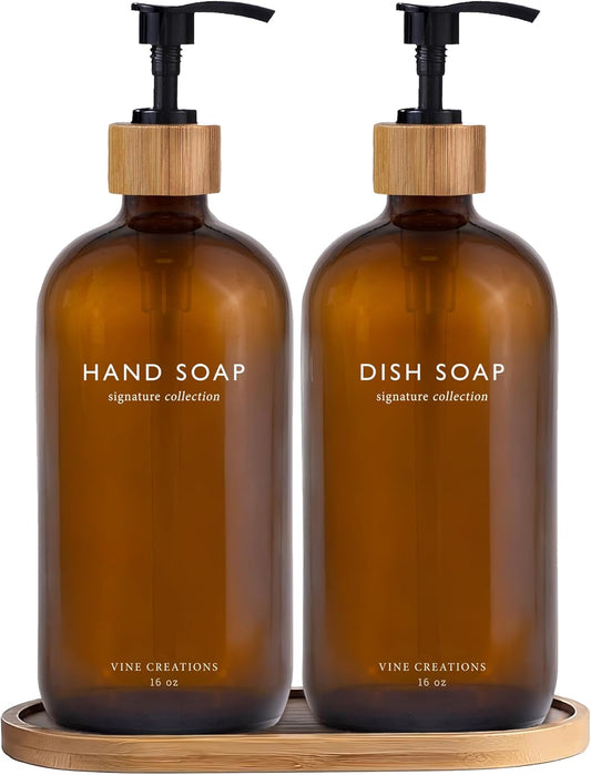 Amber Glass Soap Dispenser Set, Hand Soap and Dish Soap Dispenser Set with Bamboo Tray, 16 Oz Glass Dispensers Bottle for Kitchen and Bathroom Decor Modern Boho with Bamboo Pump (Amber)