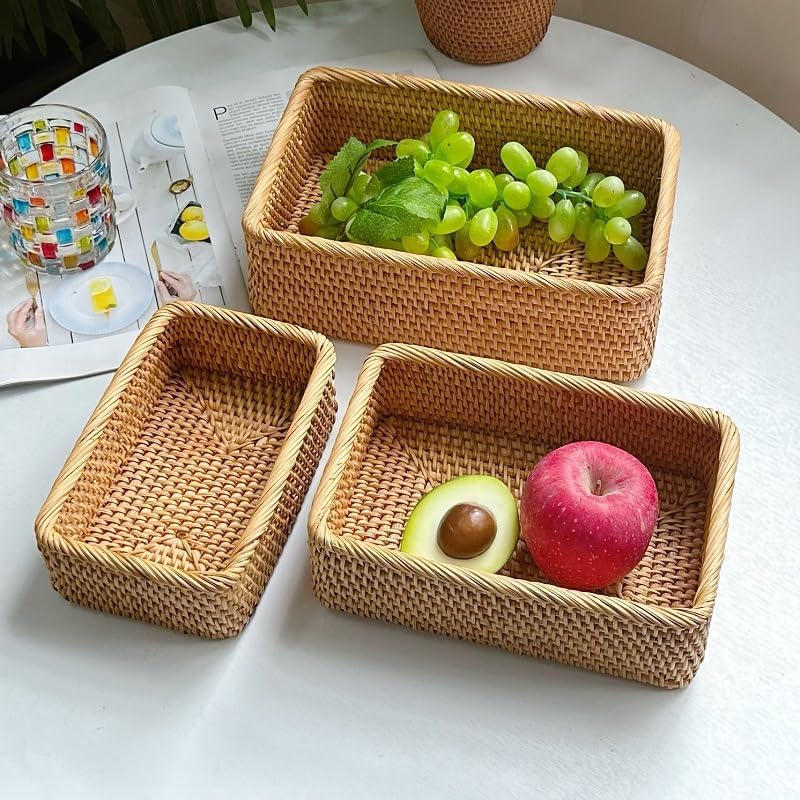 Handwoven Rattan Storage Baskets – Decorative Wicker Organizers for Kitchen (Set of 3)