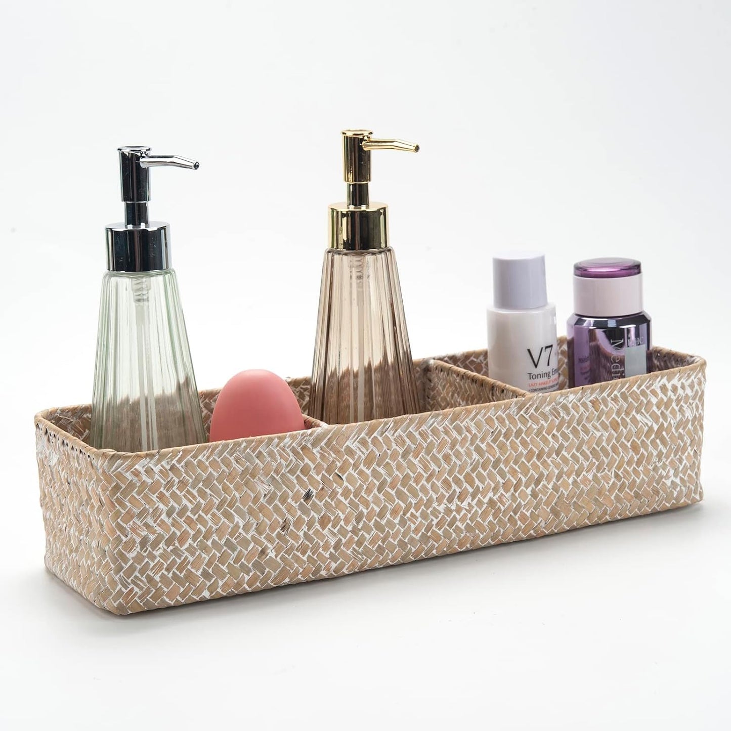 Seagrass Storage Basket 3 Sections Woven Shelf Baskets with Compartment (Natural, 14.6Inch X 4.7Inch X 3.1Inch)