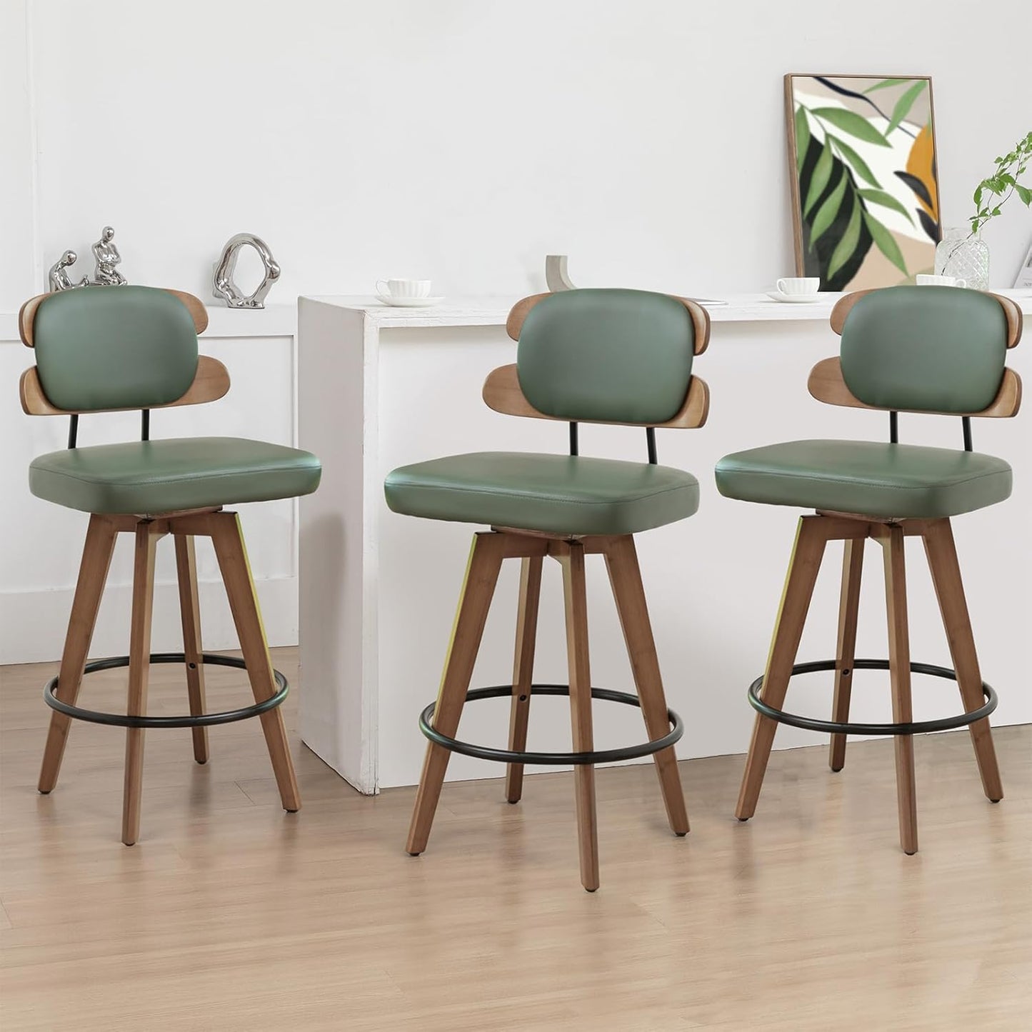 Set of 2 Counter Height Bar Stools - 26.4 Inch Swivel Stools with Walnut Craft, Faux Leather Upholstered Seat, Backs for Island/Kitchen (Walnut Green)