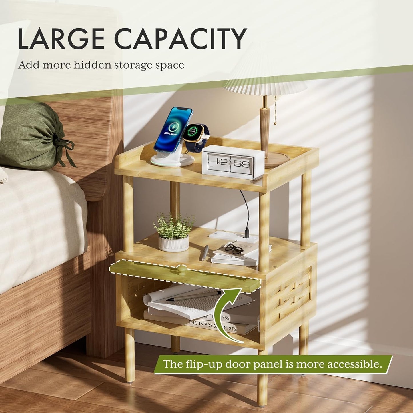 Bamboo Nightstand with Charging Station, Bedside Table with USB Ports & Outlets, End Table, Night Stand for Bedroom Lift-Up Drawer & Open Shelf, Natural Color
