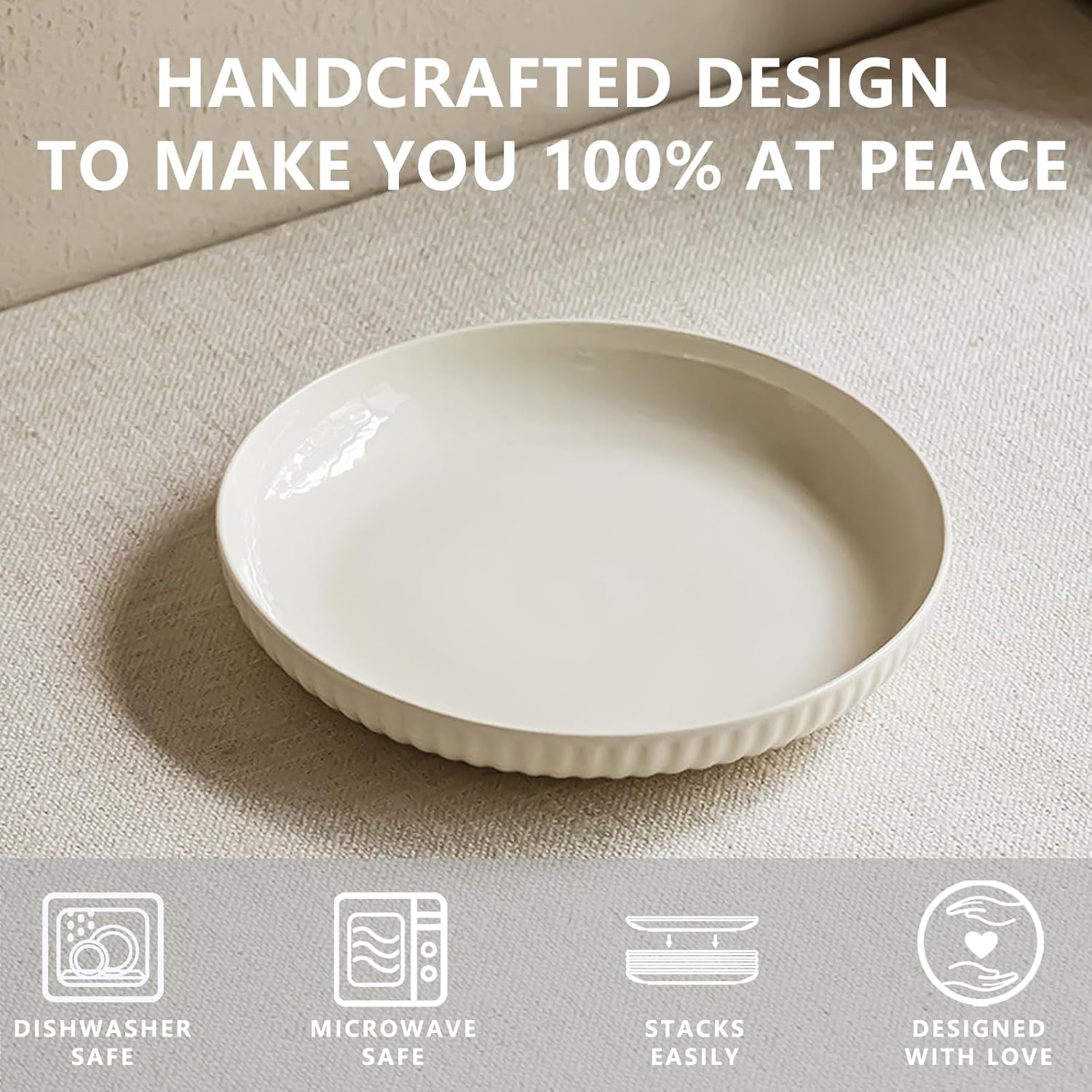 Ceramic Pasta Bowls Set of 4-28Oz, Serving Salad, Soup Bowls for Kitchen Shallow Dishes Dinner Bowl, Microwave & Dishwasher Safe- Elegant Cream Color, 8.3In