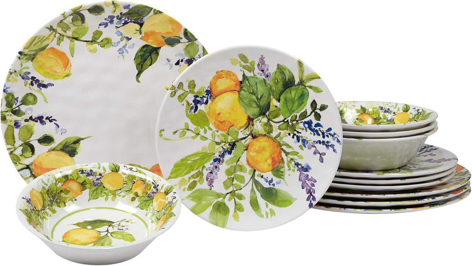 Lemon Zest 12-Piece Melamine Dinnerware Set, Service for 4 – Unbreakable Outdoor Plates & Bowls for Patio Dining, Summer Bbqs, Poolside Meals, Picnics, Everyday Family Use & Entertaining