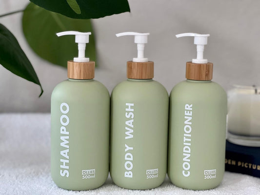 Shampoo and Conditioner Dispenser, Shower Soap Dispenser for Bathroom-Set of 3 with Permanent Stylish Label-17Oz, 500Ml Refillable Shampoo and Conditioner Bottles Green