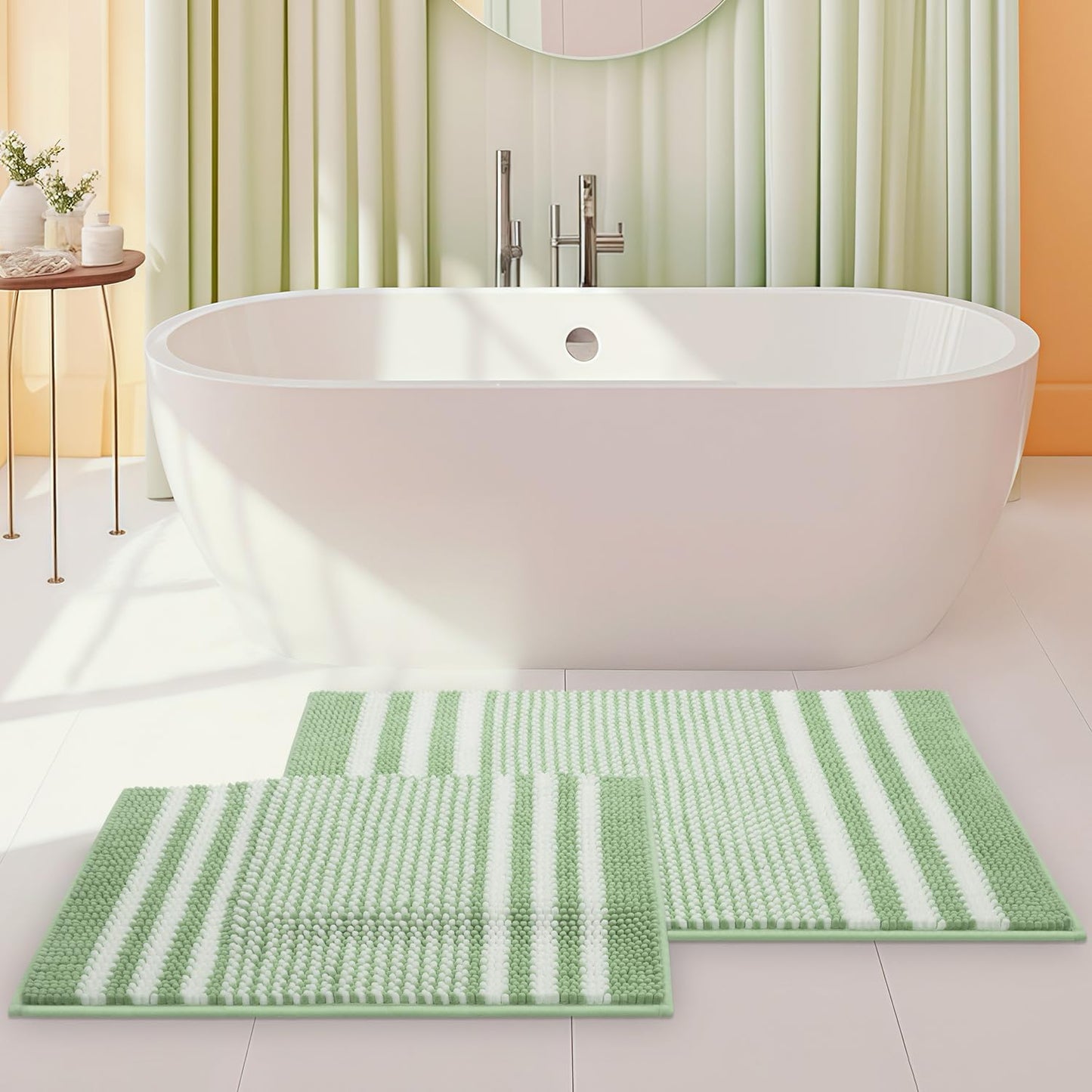 Bathroom Rugs Set 2 Piece, Extra Soft and Absorbent Fluffy Striped Chenille Bath Mat Rug Set, Non Slip Bathroom Floor Mat, Machine Washable (20" X 32" plus 16" X 24", Khaki)