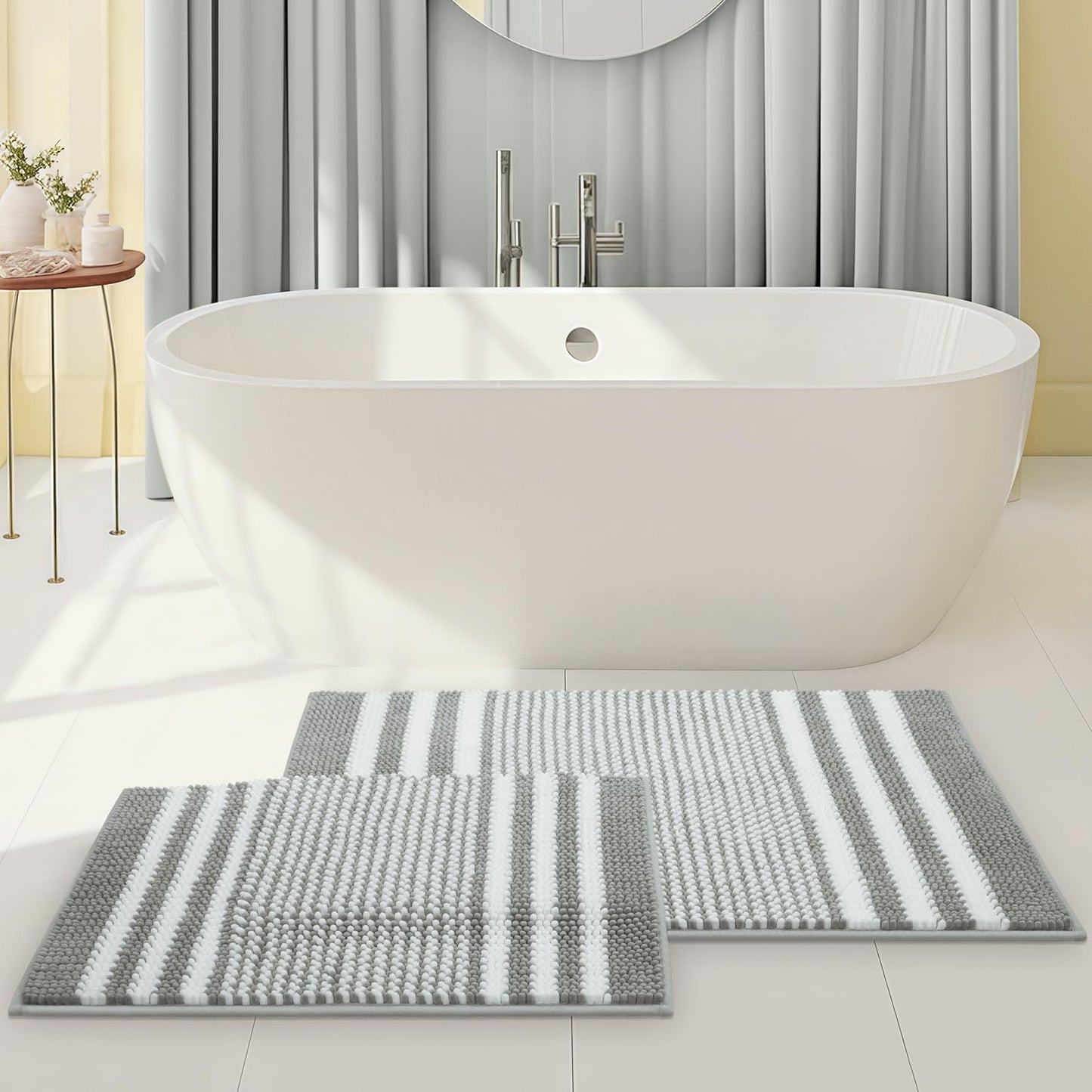 Bathroom Rugs Set 2 Piece, Extra Soft and Absorbent Fluffy Striped Chenille Bath Mat Rug Set, Non Slip Bathroom Floor Mat, Machine Washable (20" X 32" plus 16" X 24", Khaki)