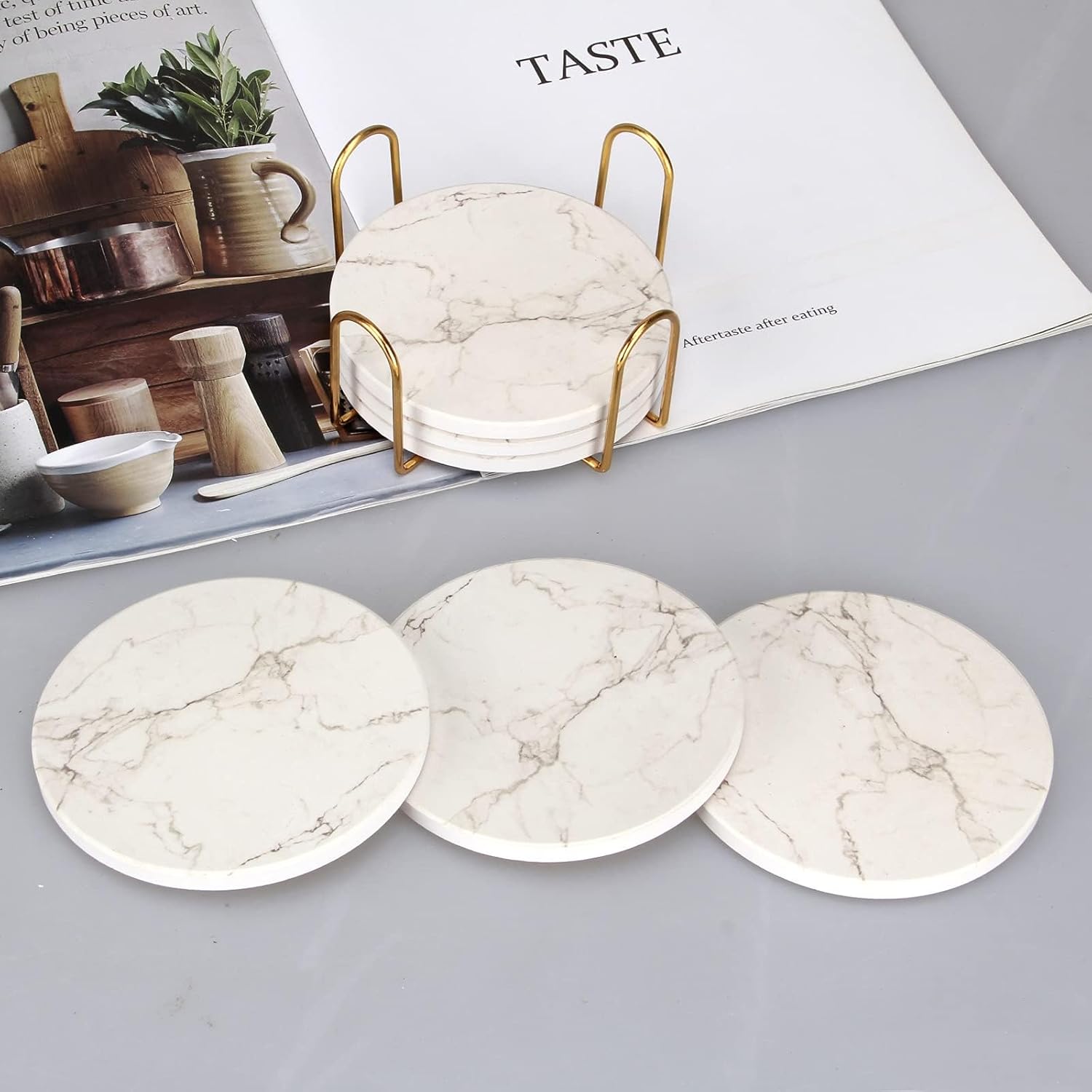 6 Pack White Marble Coaster Set with Holder Absorbent Drink Coasters Ceramic Cute Coaster Bar Dining Coffee Table Accessories Decor Gift Funny Cup Stone Modern Costers Cool Desk Beer Cork Coasters