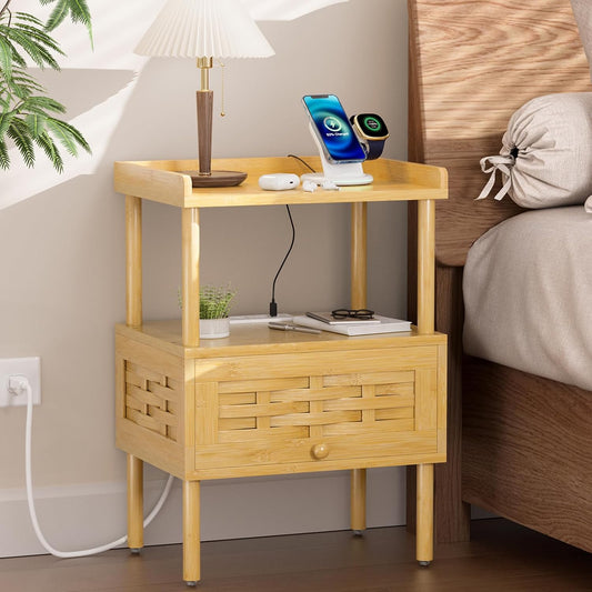 Bamboo Nightstand with Charging Station, Bedside Table with USB Ports & Outlets, End Table, Night Stand for Bedroom Lift-Up Drawer & Open Shelf, Natural Color