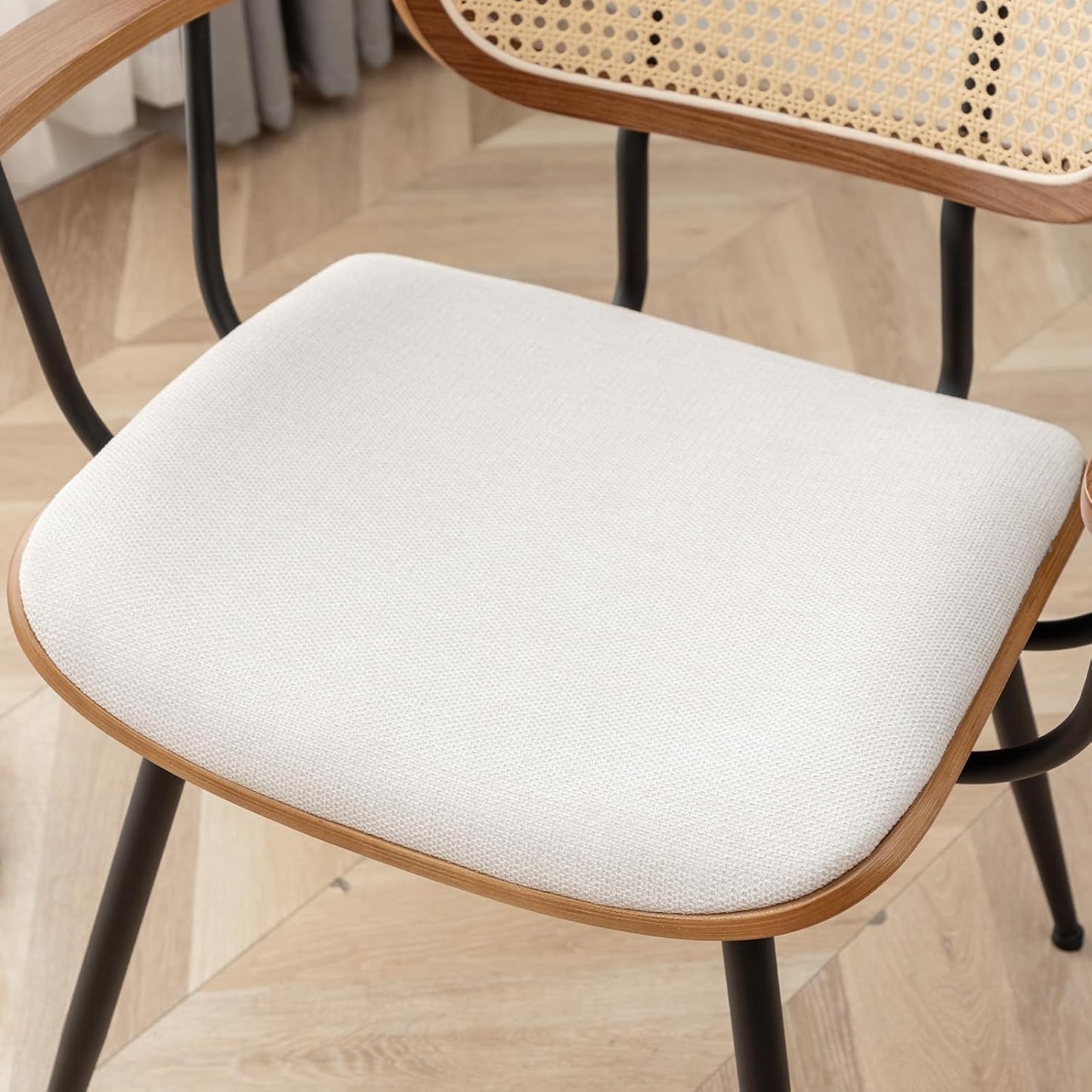 Rattan Dining Chairs Set of 2, Mid Century Modern Kitchen Side Chair, Metal Legs Desk Chair, Linen Fabric Accent Chair with Arms and Rattan Backrest, Beige