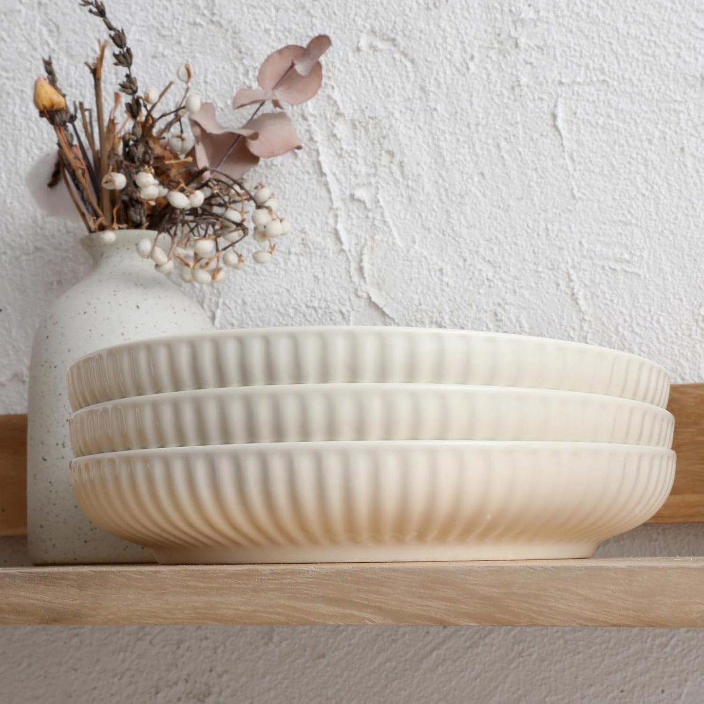 Ceramic Pasta Bowls Set of 4-28Oz, Serving Salad, Soup Bowls for Kitchen Shallow Dishes Dinner Bowl, Microwave & Dishwasher Safe- Elegant Cream Color, 8.3In