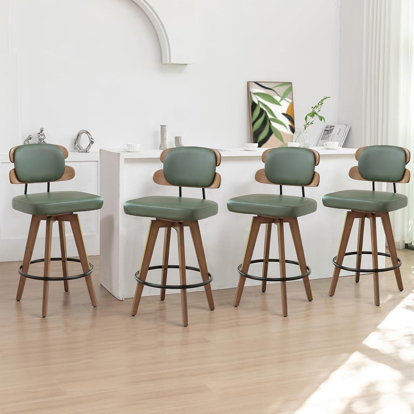 Set of 2 Counter Height Bar Stools - 26.4 Inch Swivel Stools with Walnut Craft, Faux Leather Upholstered Seat, Backs for Island/Kitchen (Walnut Green)