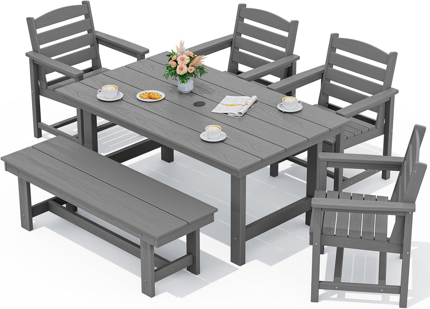 Patio Dining Table Sets 5-Piece, Outdoor HDPE Dining Furniture Set with Umbrella Hole Cut-Out Table and 4 Chairs, All Weather Dining Set for Lawn, Garden, Backyard, Poolside, Black